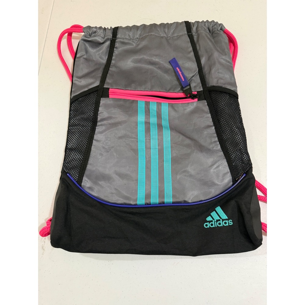 Adidas Drawstring Backpack Gray Black Pink Teal Sackpack Gym Bag Zipper Pocket